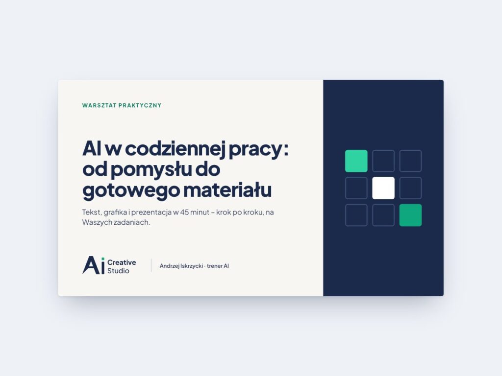Przykładowy slajd tytułowy warsztatu w identyfikacji AI Creative Studio
